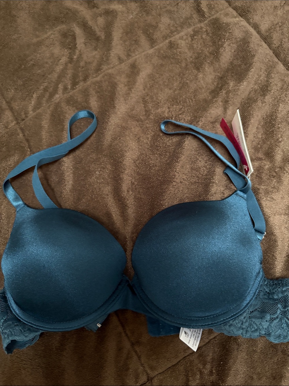 Teal Satin Lace Underwire Push-Up Bra